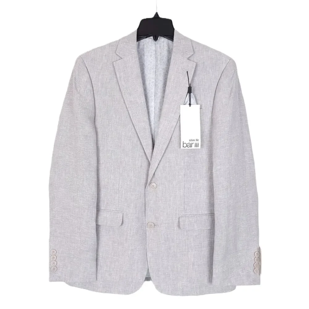 Bar III Mens Slim Fit 2 Piece Linen Suit 36R 29x30 Light Grey Solid NWT